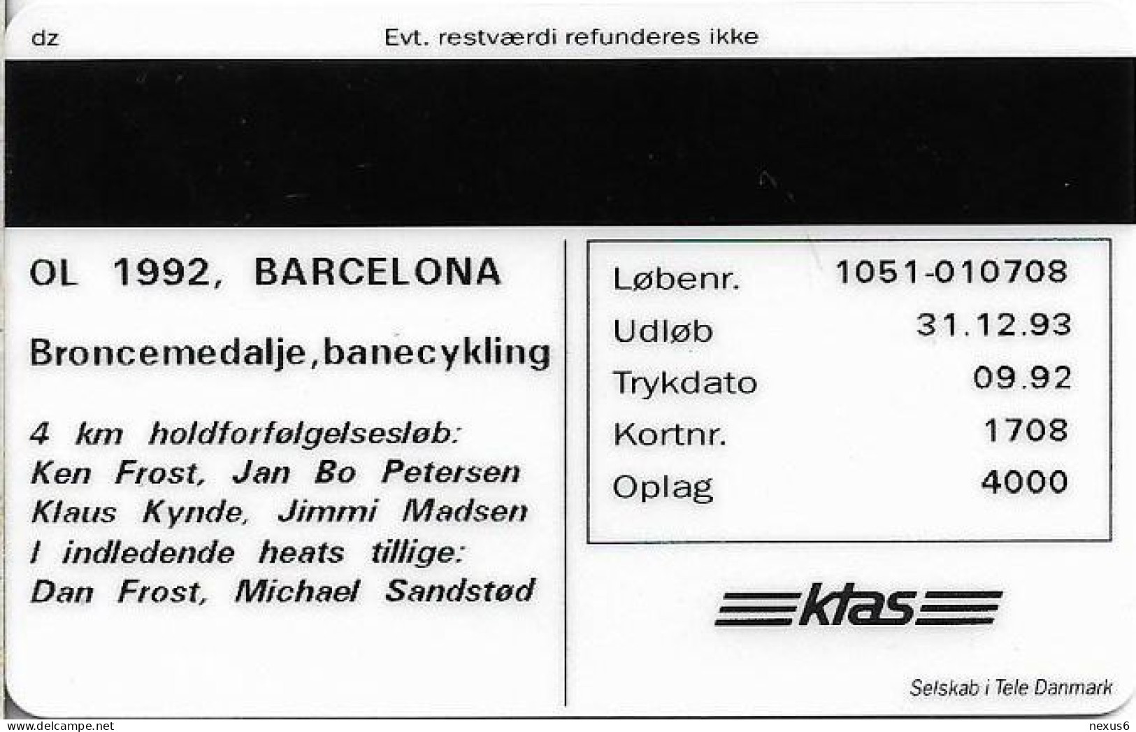 Denmark - KTAS - Barcelona 92 Winners - Bronze In Bicycle Race - TDKS003 - 09.92, 20kr, 4.000ex, Used - Denmark