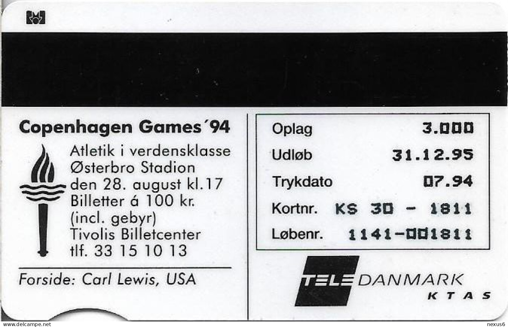 Denmark - KTAS - Carl Lewis - TDKS030 - 07.1994, 50kr, 3.000ex, Used - Danemark