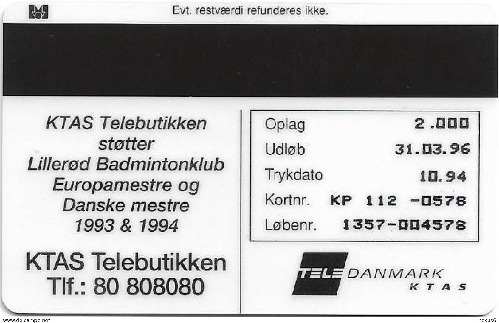 Denmark - KTAS - Lilleroed Badminton Club - TDKP112 - 10.1994, 5kr, 2.000ex, Used - Danemark