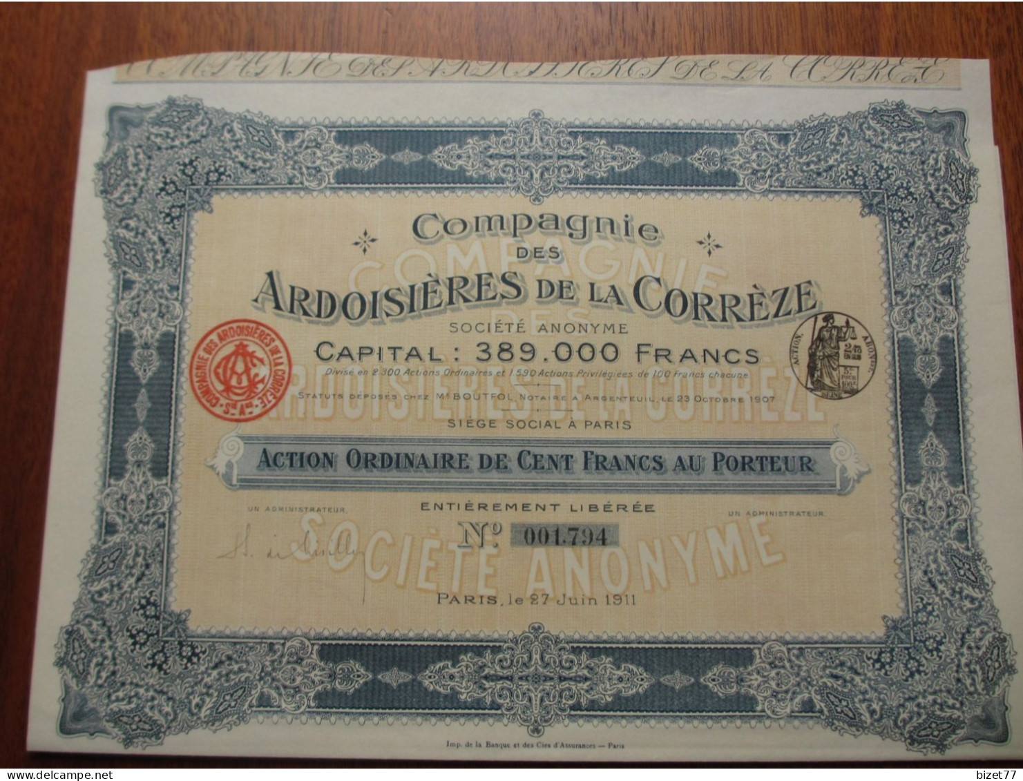 FRANCE - 19 - CORREZE - ARDOISIERES DE LA CORREZE - ACTION ORDINAIRE DE 100 FRS  - PARIS 1911 - Andere & Zonder Classificatie