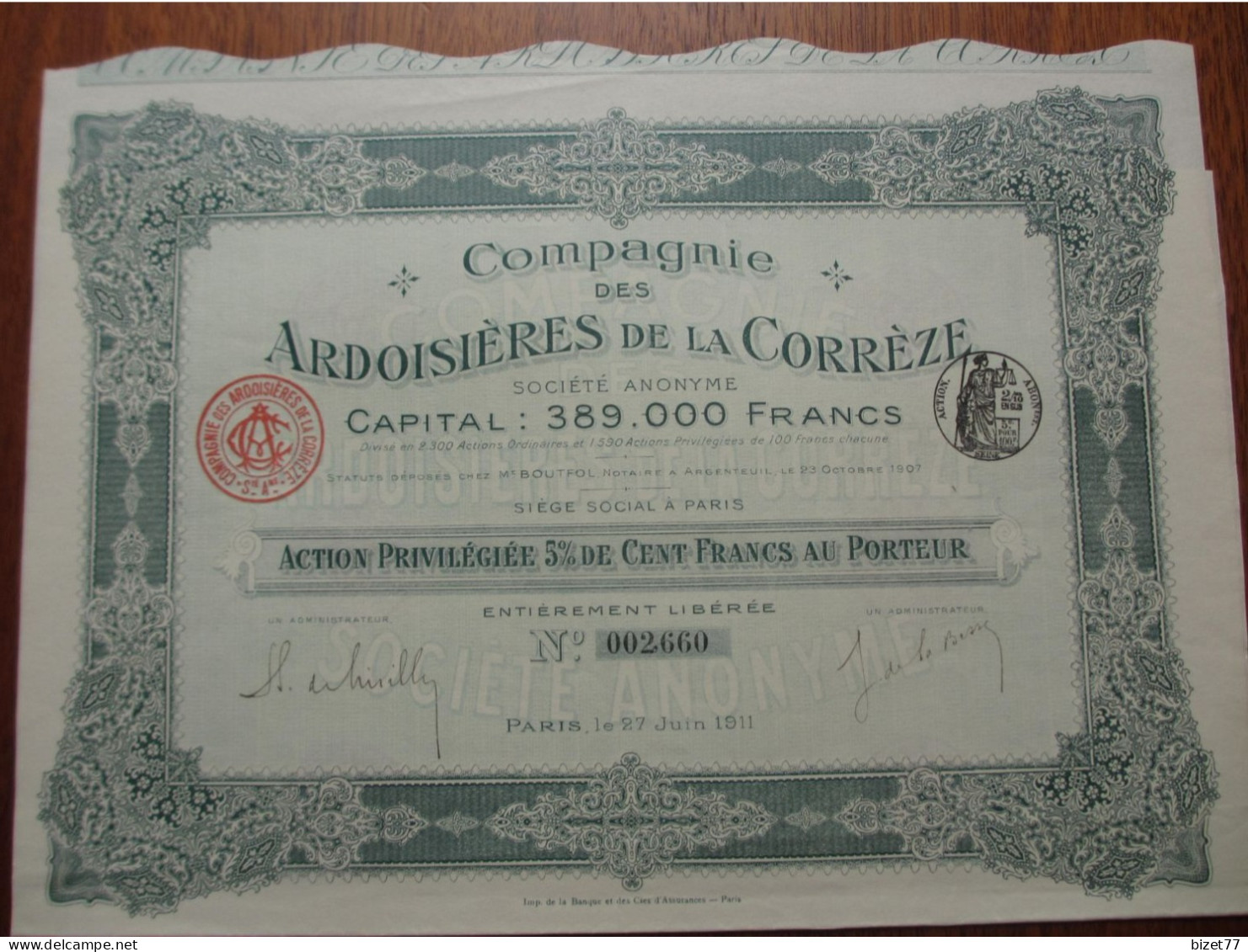 FRANCE - 19 - CORREZE - ARDOISIERES DE LA CORREZE - ACTION PRIVILEGIEE 5% DE 100 FRS  - PARIS 1911 - Sonstige & Ohne Zuordnung