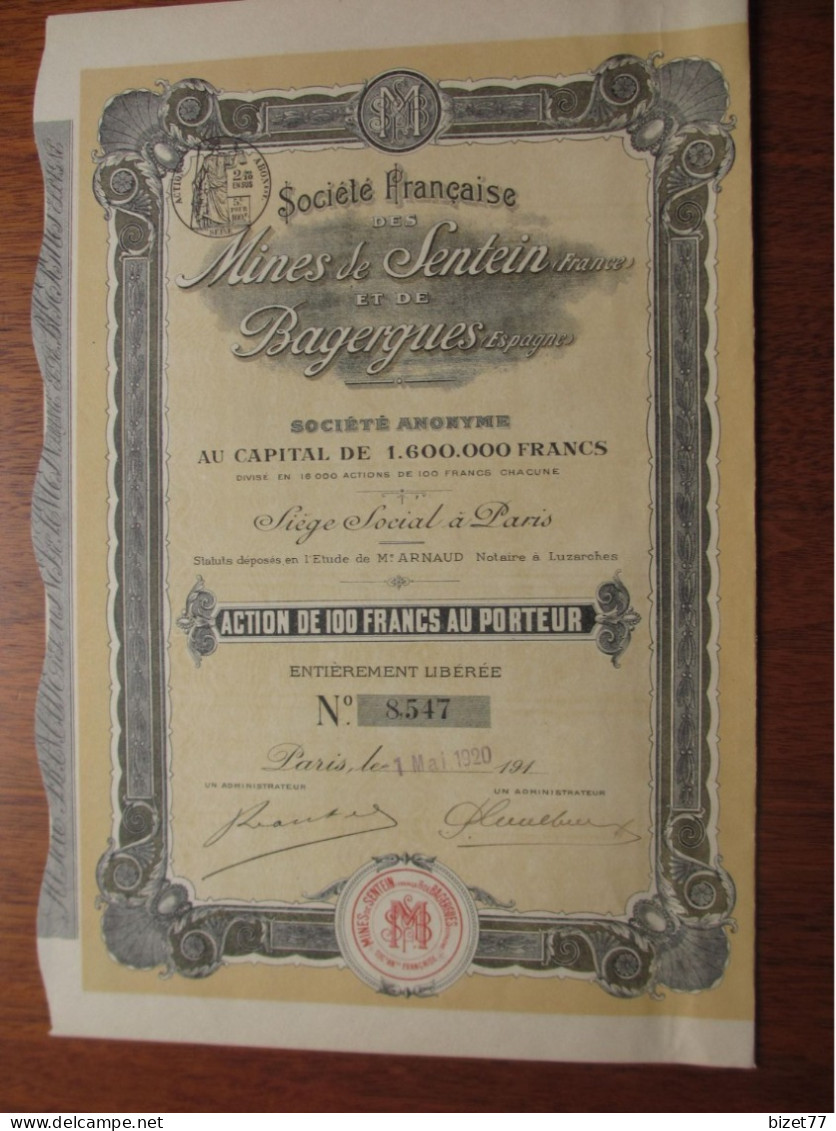 FRANCE-ESPAGNE , MINES DE SENTEIN & DE BAGERGUES - ACTION DE 100 FRS - PARIS 1920 - Other & Unclassified