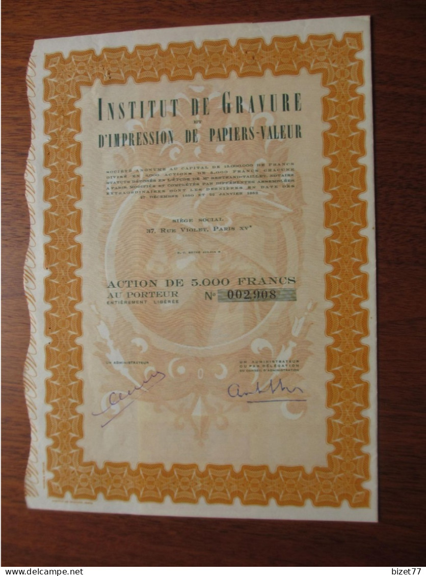 FRANCE - PARIS 1952 - INSTITUT DE GRAVURE ET D'IMPRESSION DE PAPIERS VALEURS - ACTION 5 000 FR - DECO EN FILIGRAME - Andere & Zonder Classificatie