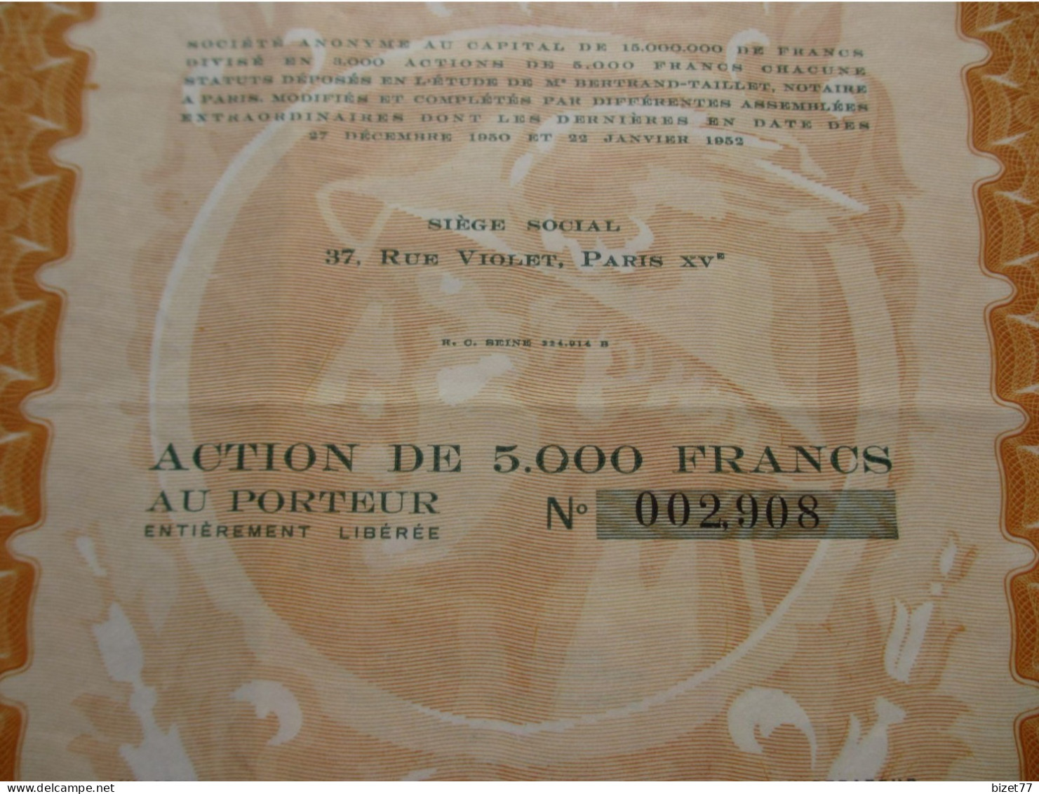 FRANCE - PARIS 1952 - INSTITUT DE GRAVURE ET D'IMPRESSION DE PAPIERS VALEURS - ACTION 5 000 FR - DECO EN FILIGRAME - Andere & Zonder Classificatie