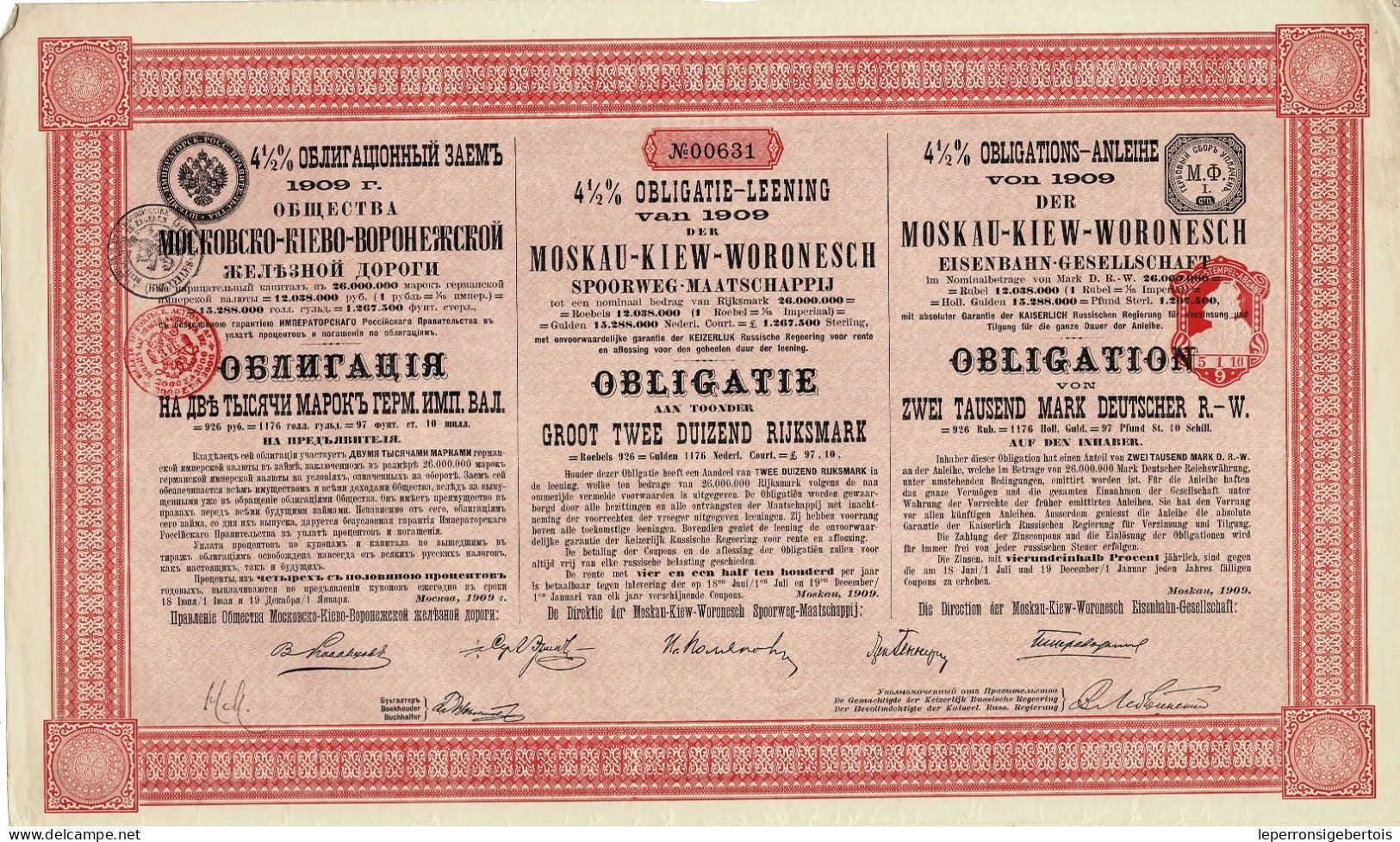 Obligation De 1909 - Moskau-Kiew-Woronesch Eisenbahn-Gesellschaft 4 1/2% - Cie Du Chemin De Fer De Moscou-Kiev-Voronège - Russland