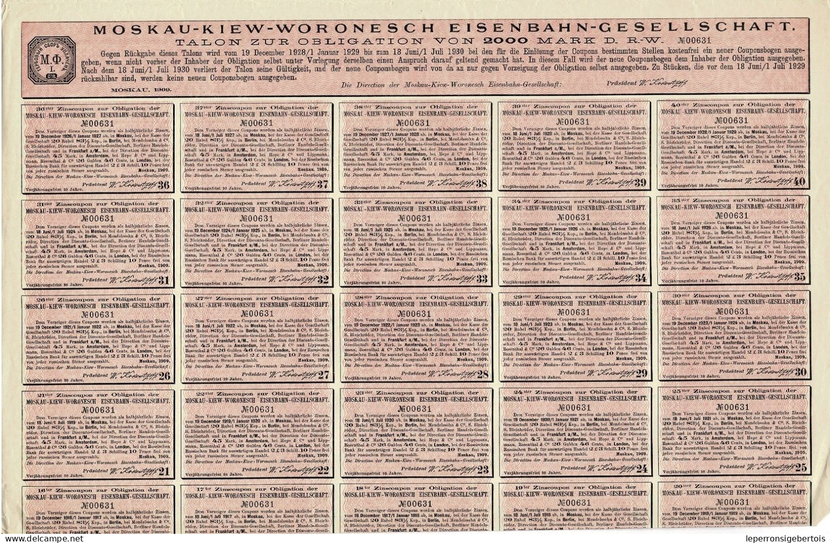 Obligation De 1909 - Moskau-Kiew-Woronesch Eisenbahn-Gesellschaft 4 1/2% - Cie Du Chemin De Fer De Moscou-Kiev-Voronège - Russland