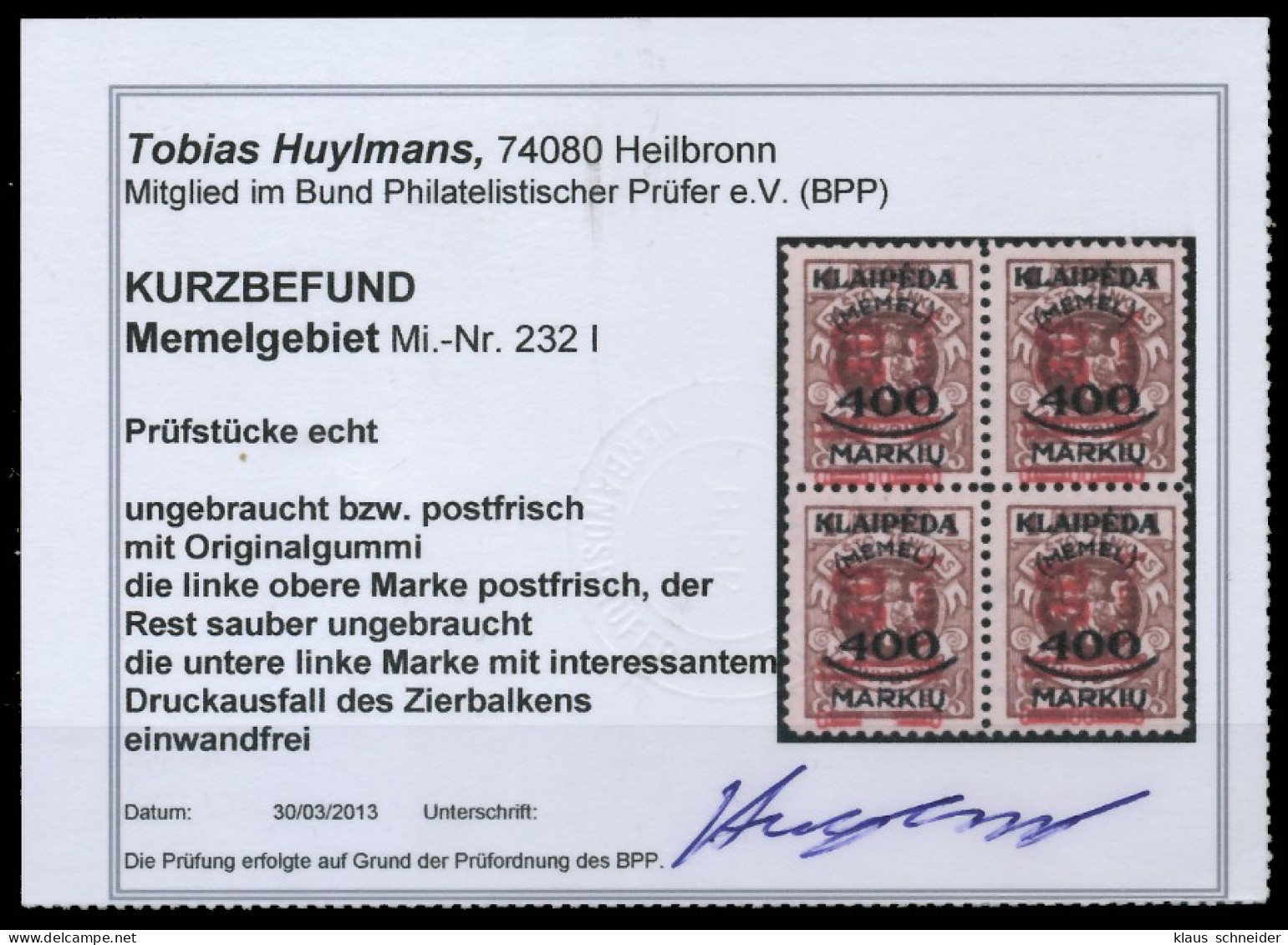 MEMEL 1923 Nr 232I Postfrisch VIERERBLOCK ATTEST X4113BE - Memel (Klaïpeda) 1923