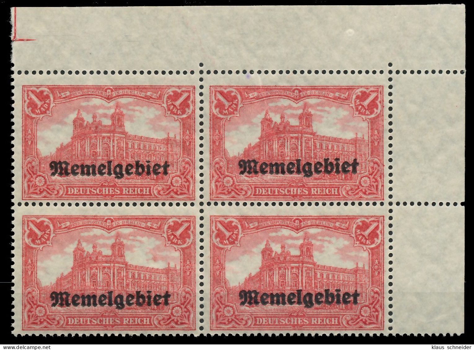 MEMEL 1920 GERMANIA Nr 9 Postfrisch VIERERBLOCK ECKE-OR X416A0A - Memel (Klaipeda) 1923
