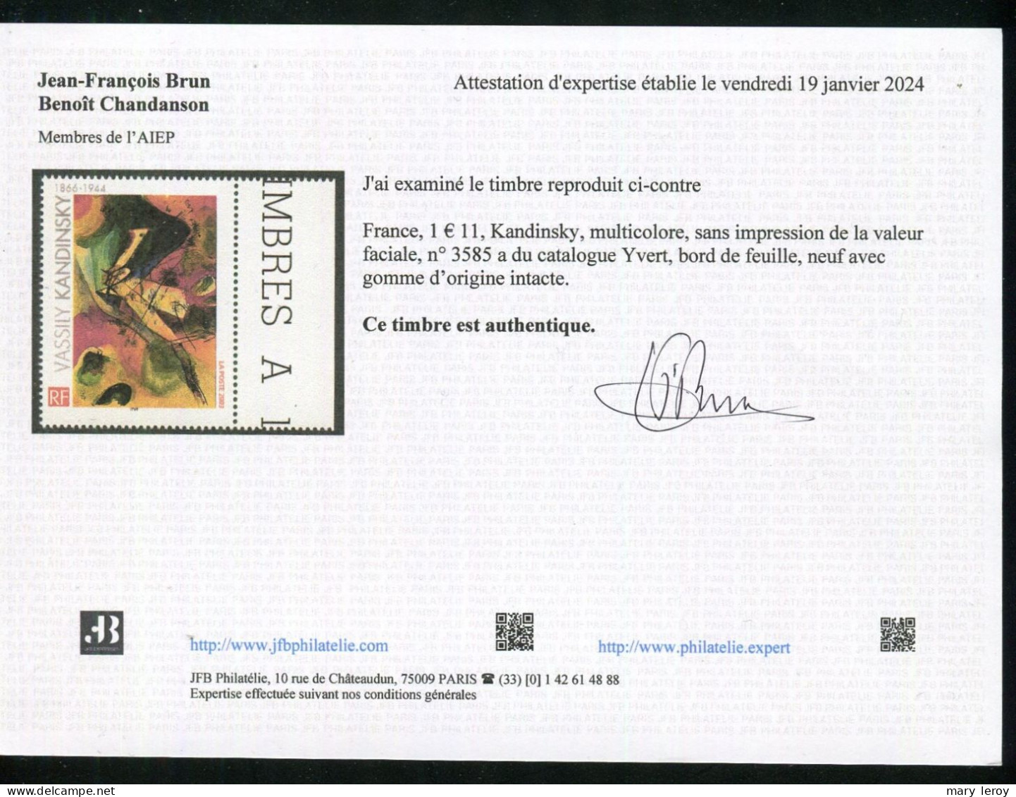 Rarissime N° 3585a Kandinsky Sans La Valeur Faciale - Certificat Brun - Unused Stamps