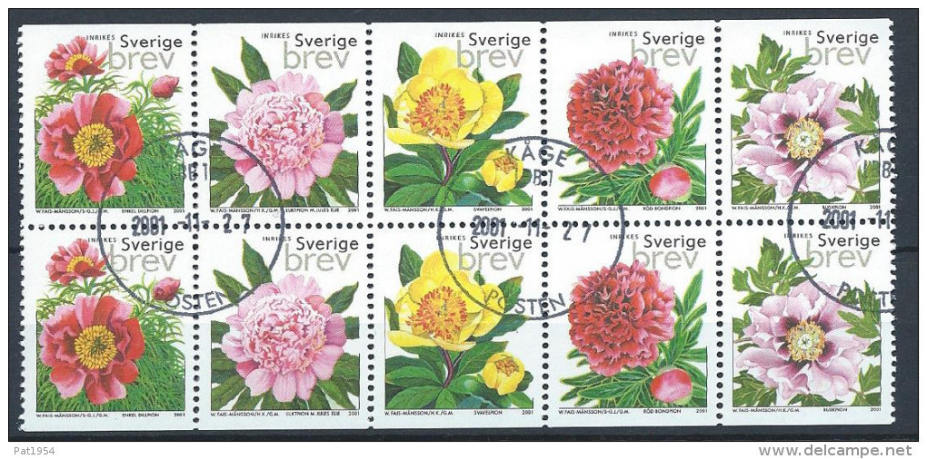 Suède 2001 N°2220/2224 Oblitérés En Bande Complète Issue Du Carnet Fleurs Pivoines - Gebruikt