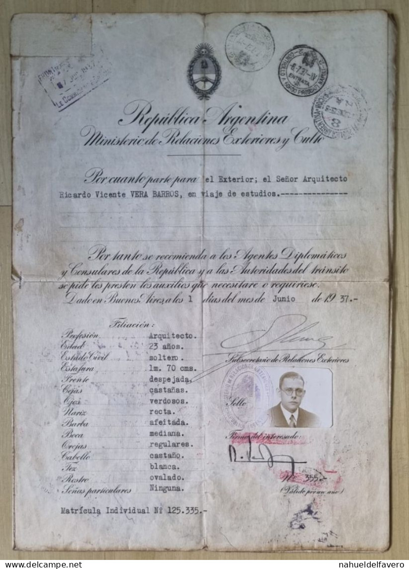 Argentina 1937 Pasaporte Con Maracas Y Sellos De Muchos Paises - Historische Documenten