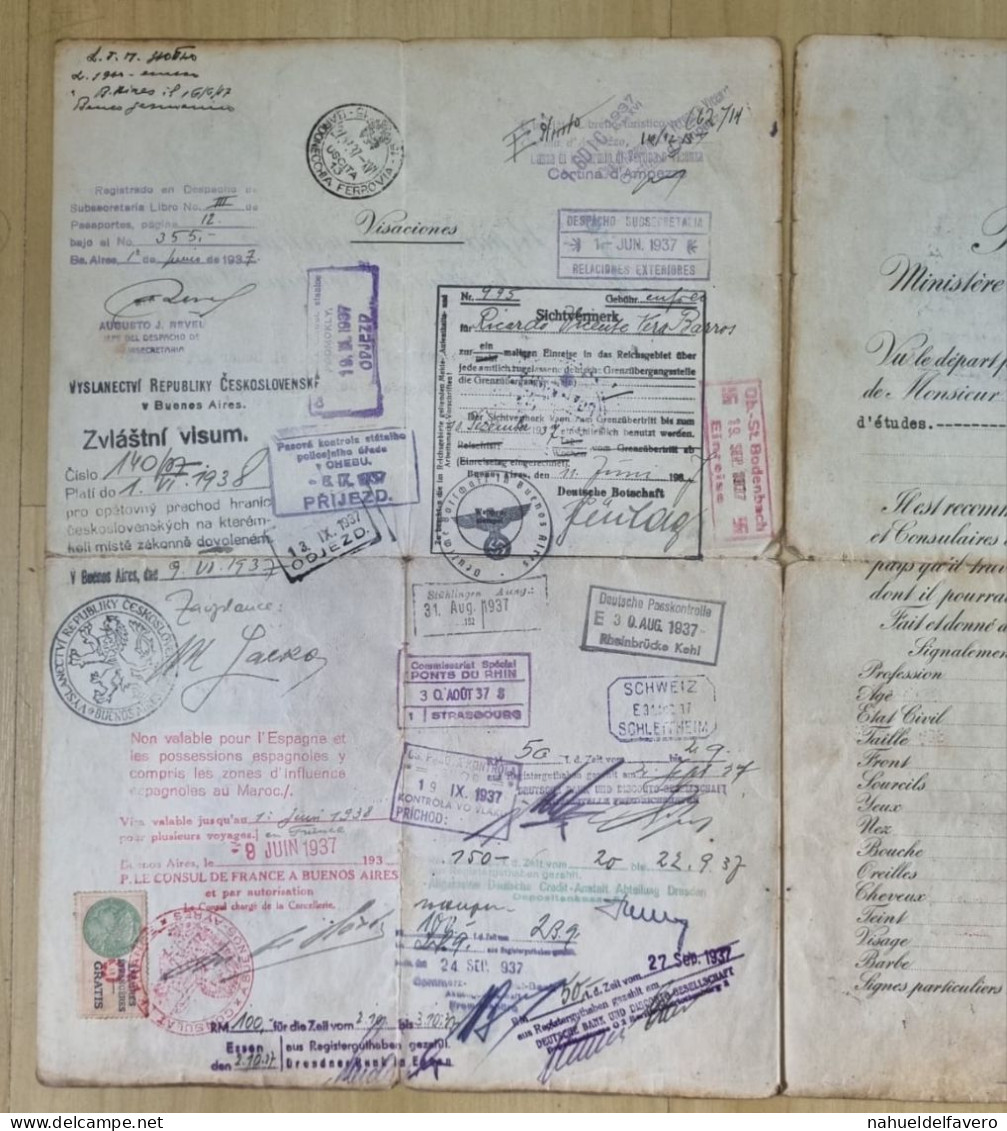 Argentina 1937 Pasaporte Con Maracas Y Sellos De Muchos Paises - Historical Documents