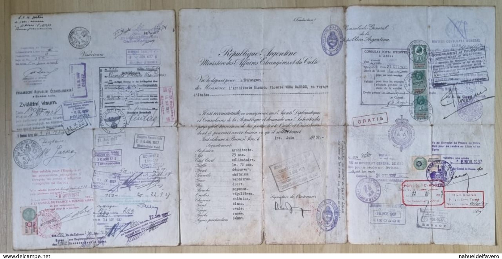 Argentina 1937 pasaporte con maracas y sellos de muchos paises