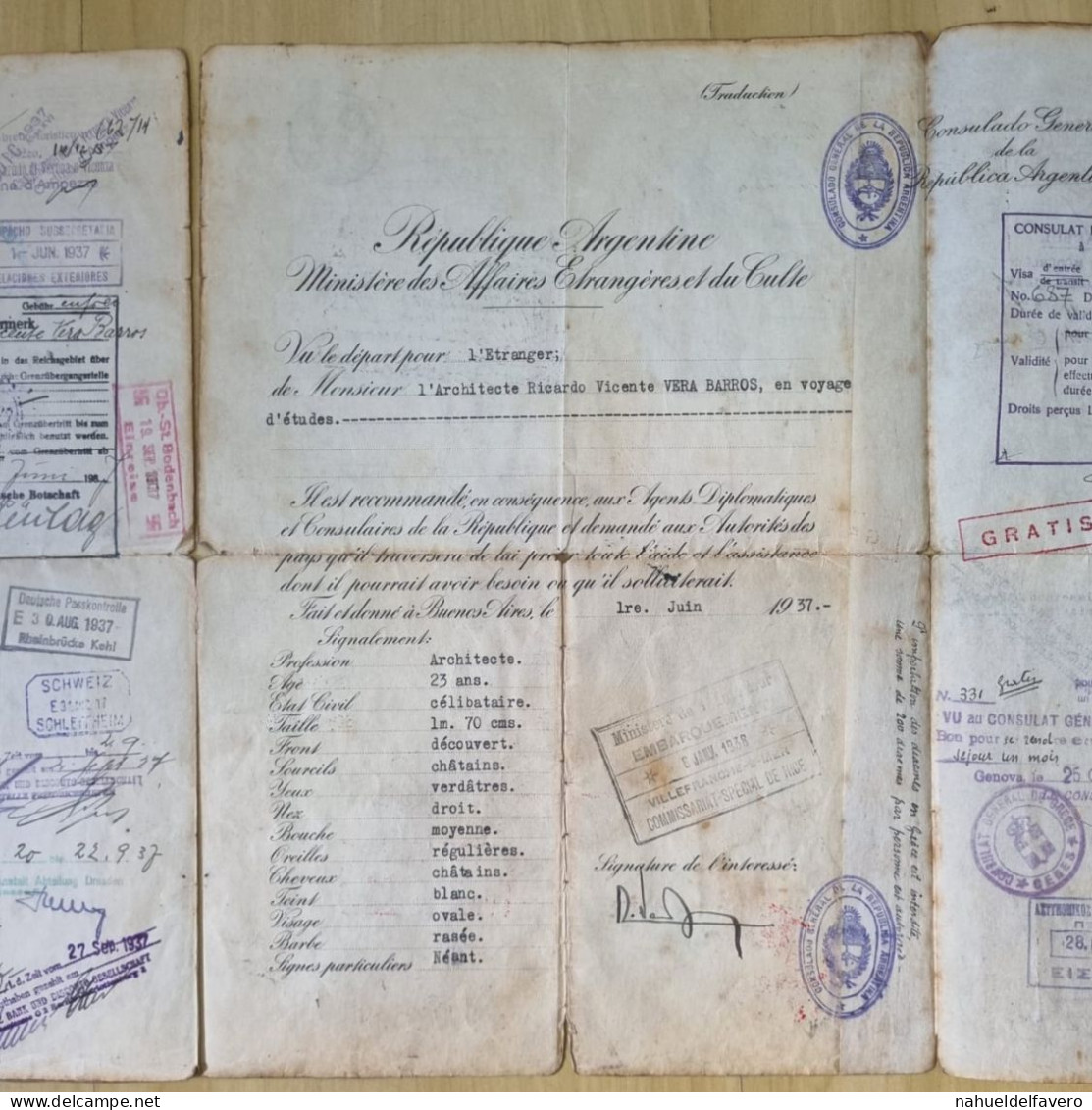 Argentina 1937 pasaporte con maracas y sellos de muchos paises