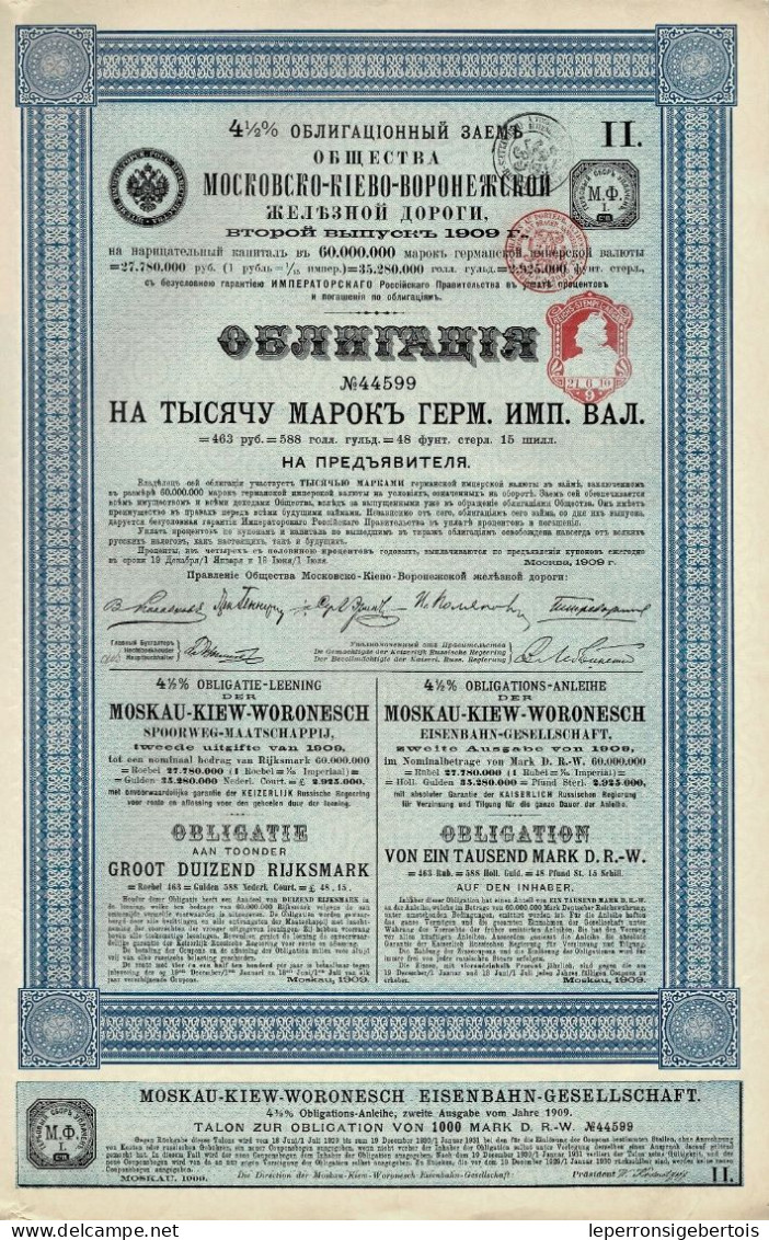 Obligation De 1909 -Moskau-Kiew-Woronesch Eisenbahn-Gesellschaft 4 1/2% -Cie Du Chemin De Fer De Moscou-Kiev-Voronège II - Russland