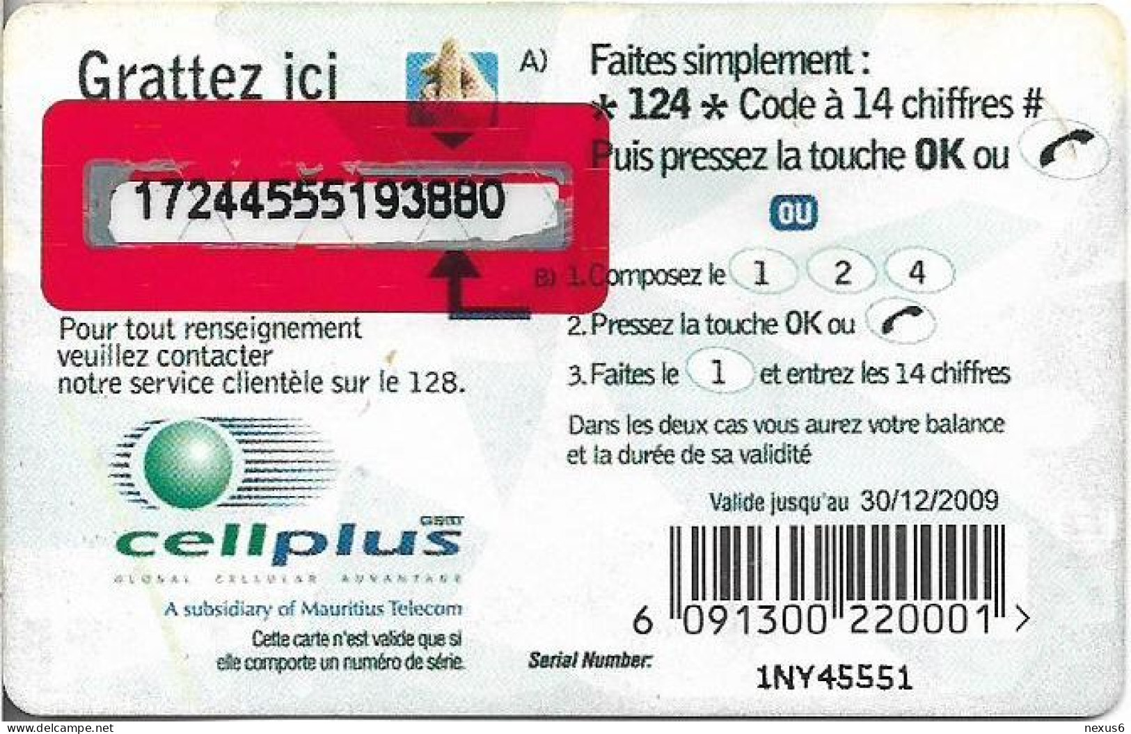 Mauritius - Cellplus - Two CellPhones GSM Refill 125MRs, Exp.30.12.2009, Used - Mauritius