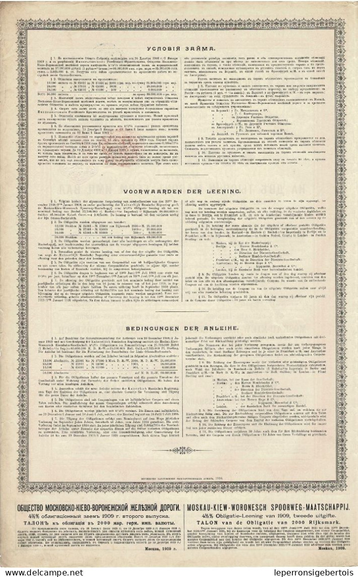 Obligation De 1909 -Moskau-Kiew-Woronesch Eisenbahn-Gesellschaft 4 1/2% -Cie Du Chemin De Fer De Moscou-Kiev-Voronège II - Rusland