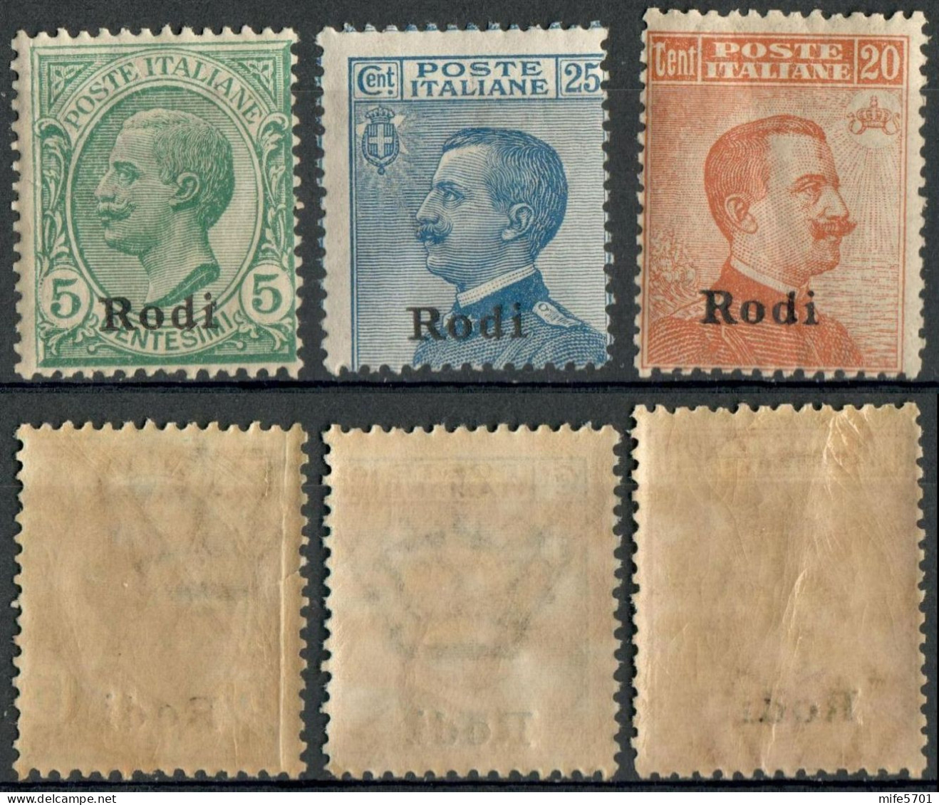 REGNO COLONIE EGEO RODI 1916/19 TRE FRANCOBOLLI C. 5 / C. 25 / C. 20 SOPRASTAMPATI 'RODI' NUOVI MNH ** SASSONE 2-5-12 - Ägäis (Rodi)