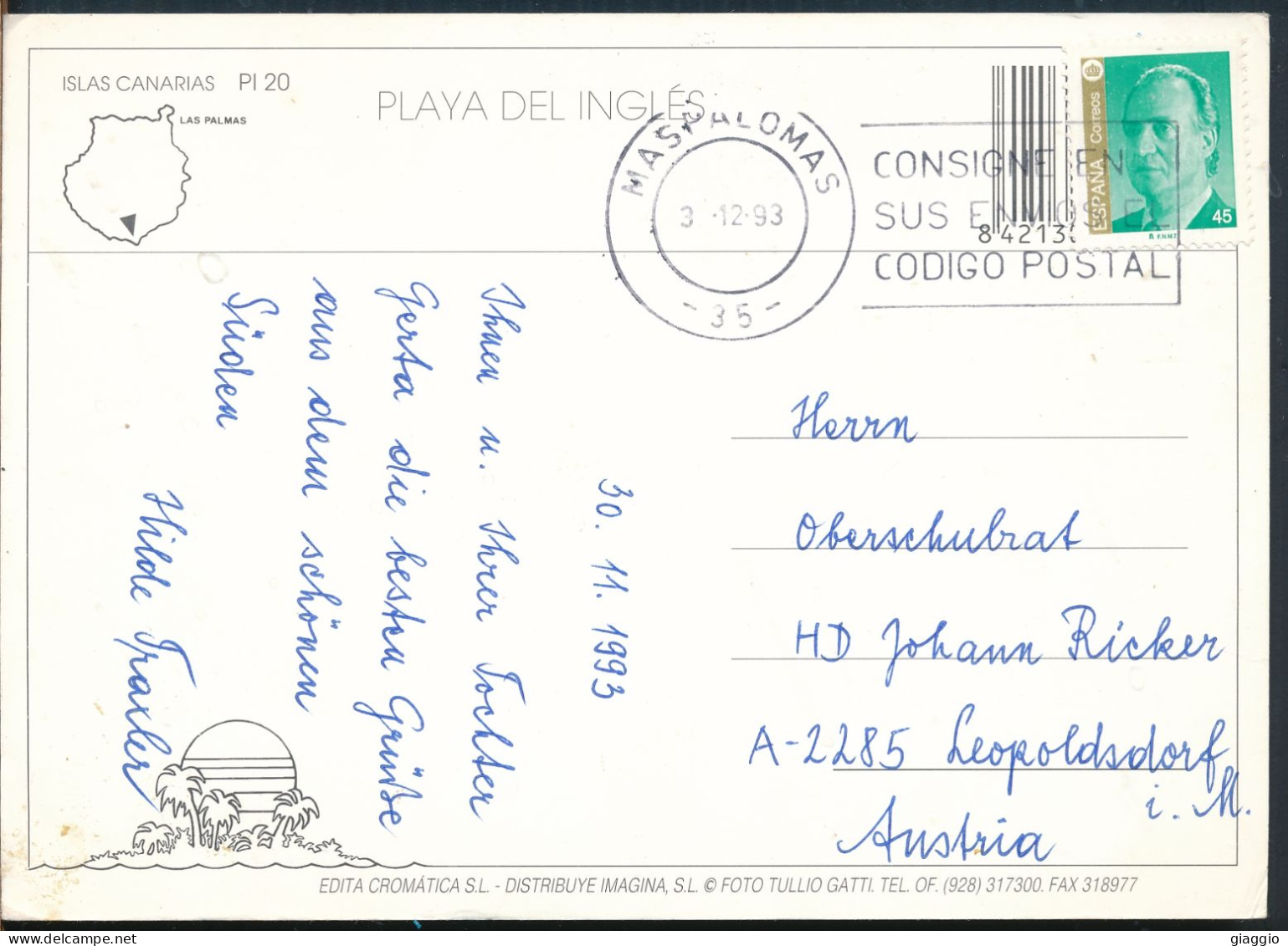 °°° 31021 - SPAIN - ISLA DE GRAN CANARIA - PLAYA DEL INGLES - 1993 With Stamps °°° - Gran Canaria