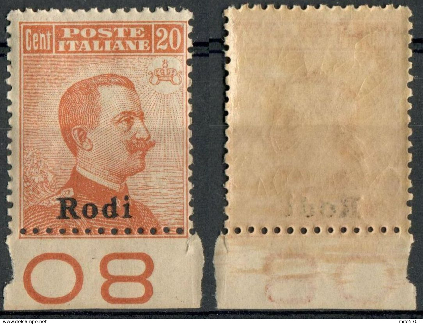 REGNO COLONIE EGEO RODI 1922 FRANCOBOLLO DA C. 20 SOPRASTAMPATO 'RODI' NUOVO MNH ** SASSONE 12 - Ägäis (Rodi)