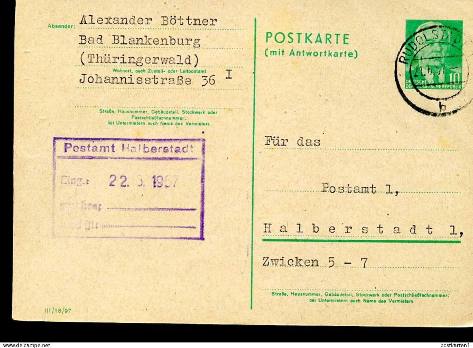 DDR  P70 IF  Frage-Postkarte III/18/97  Rudolstadt - Halberstadt 1957 - Postcards - Used