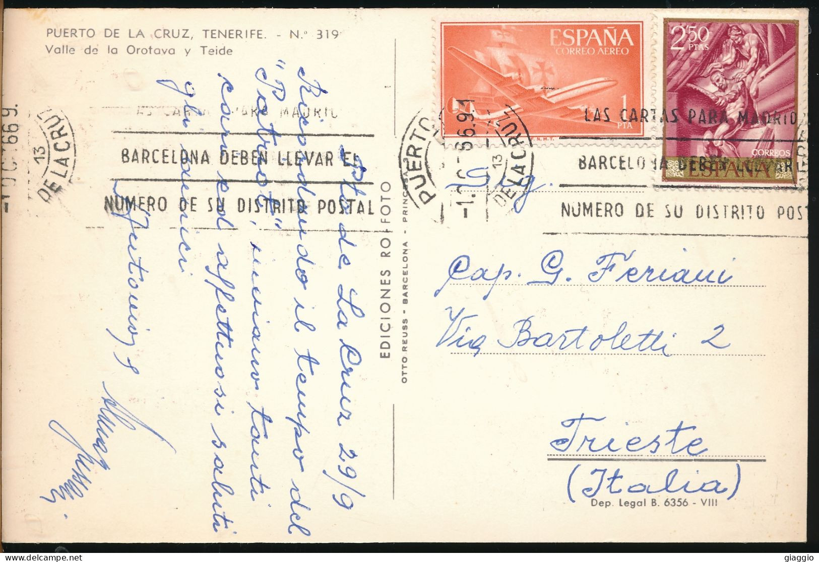 °°° 31022 - SPAIN - TENERIFE - PUERTO DE LA CRUZ - VALLE DE LA OROTAVA Y TEIDE - 1969 With Stamps °°° - Tenerife