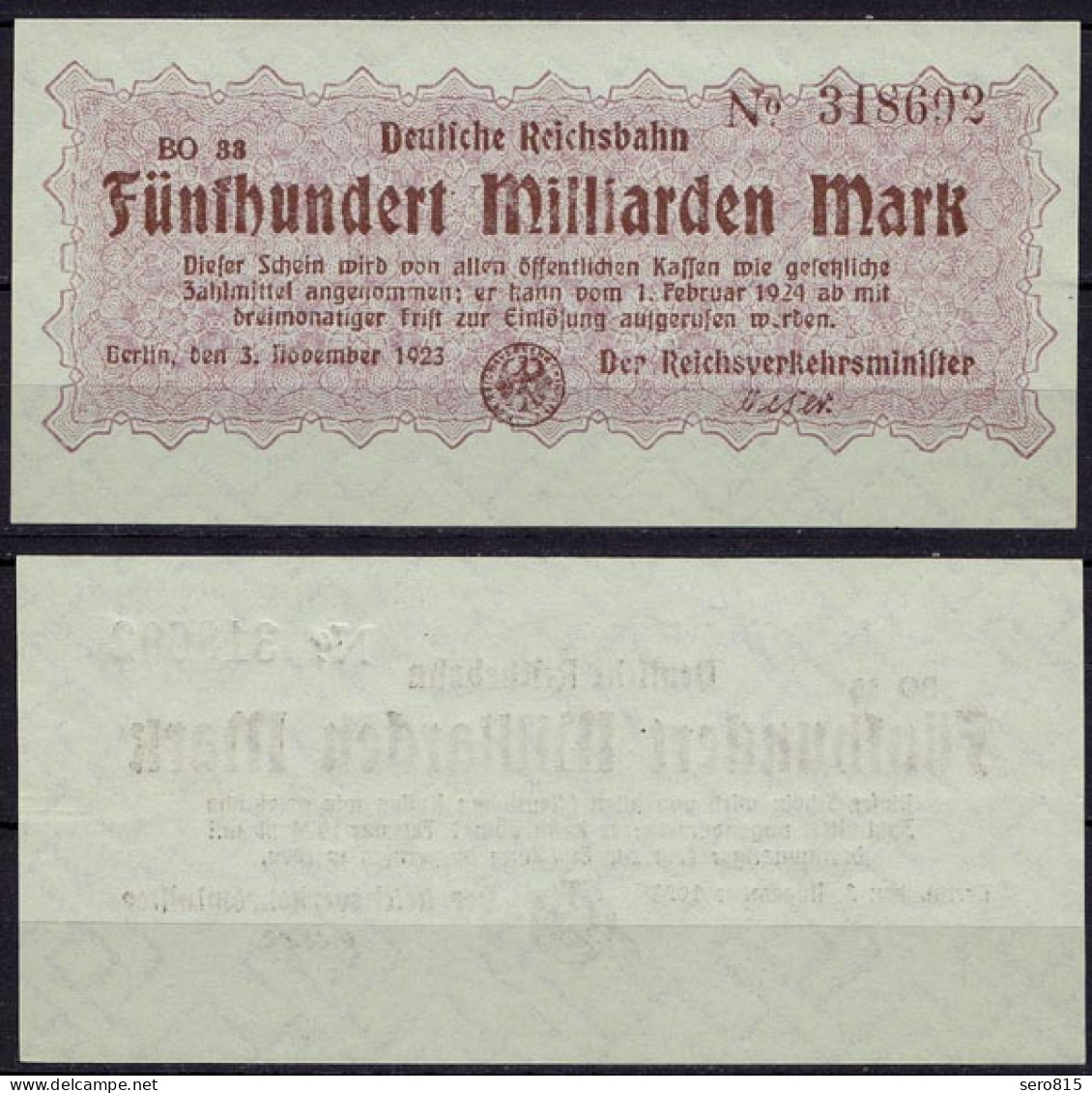 Reichsbahn Berlin 500 Milliarden Mark Banknote 1923 AUNC    (ca726 - Autres & Non Classés
