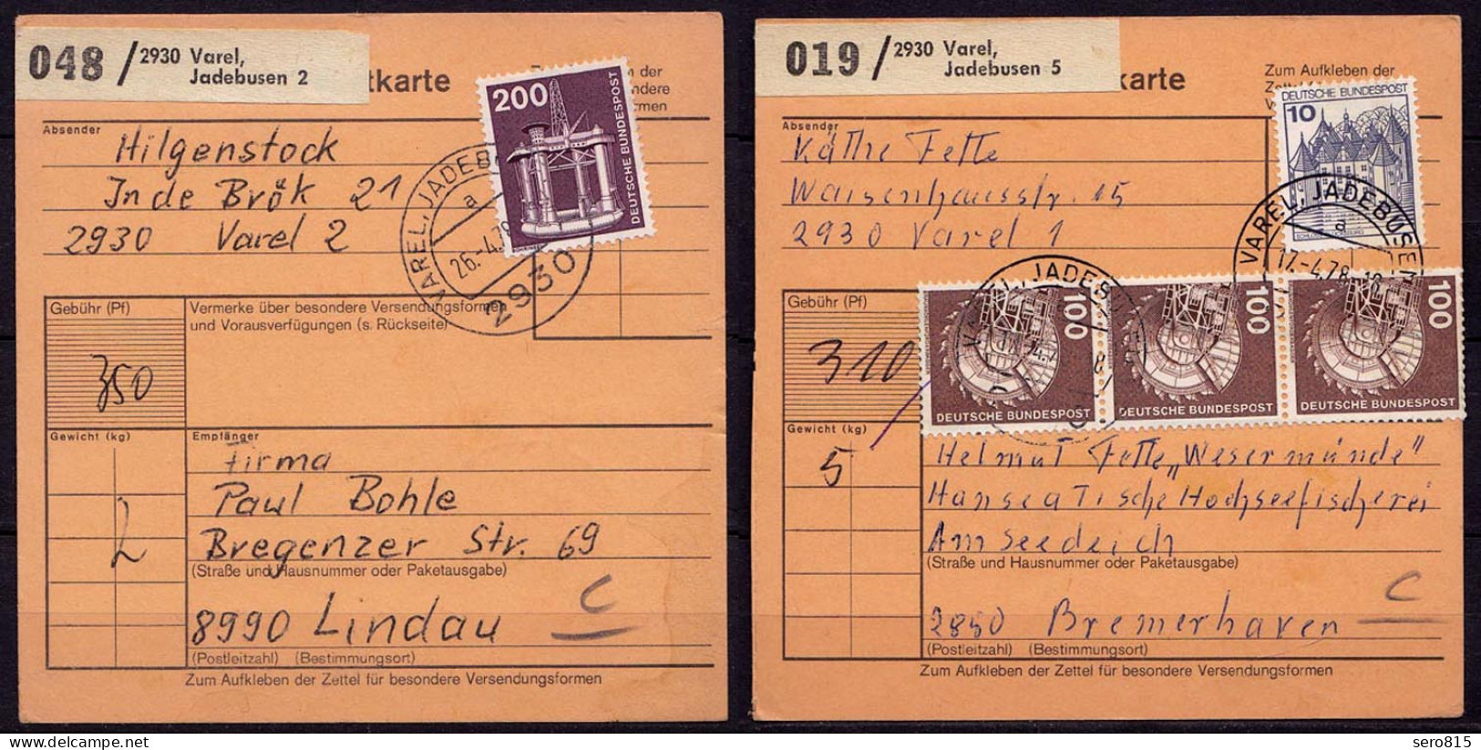 VAREL - JADEBUSEN 1978 Auf 2 Paketkarten     (b970 - Altri & Non Classificati