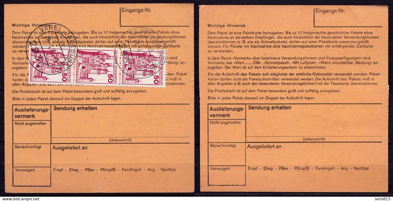 VAREL - JADEBUSEN 1978 Auf 2 Paketkarten     (b970 - Autres & Non Classés