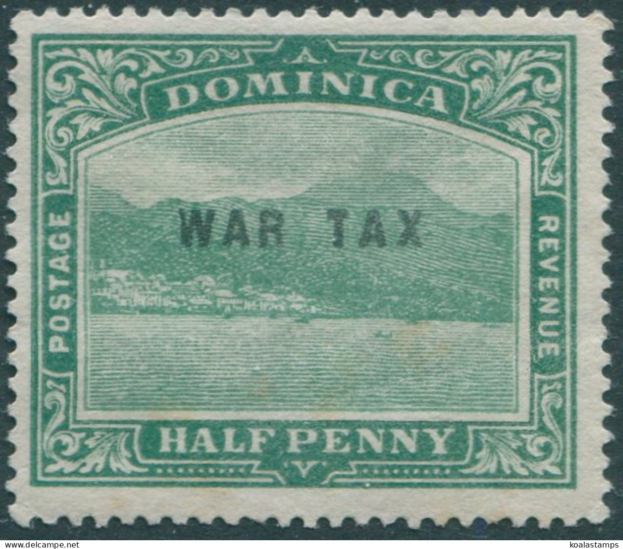 Dominica 1918 SG56 ½d Deep Green KGV Roseau WAR TAX Toned MNG (amd) - Dominica (1978-...)
