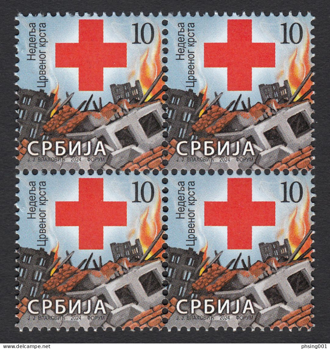 Serbia 2024 Red Cross Croix Rouge Rotes Kreuz, Tax, Charity, Surcharge, Block Of 4 MNH - Serbien