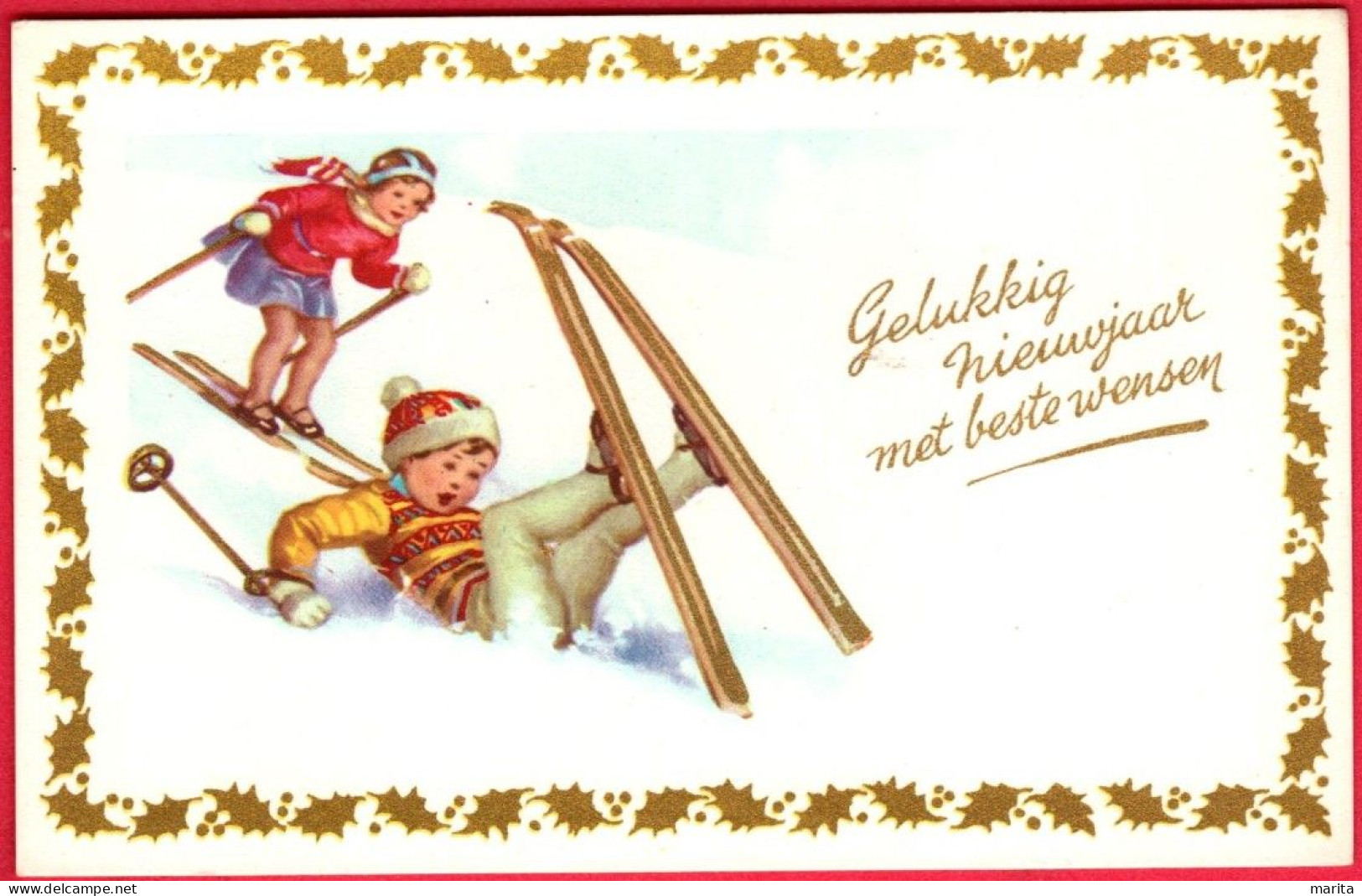 2 Enfants Dans La Neige  -childs - Kinder -2 Kindjes Met Skies - New Year