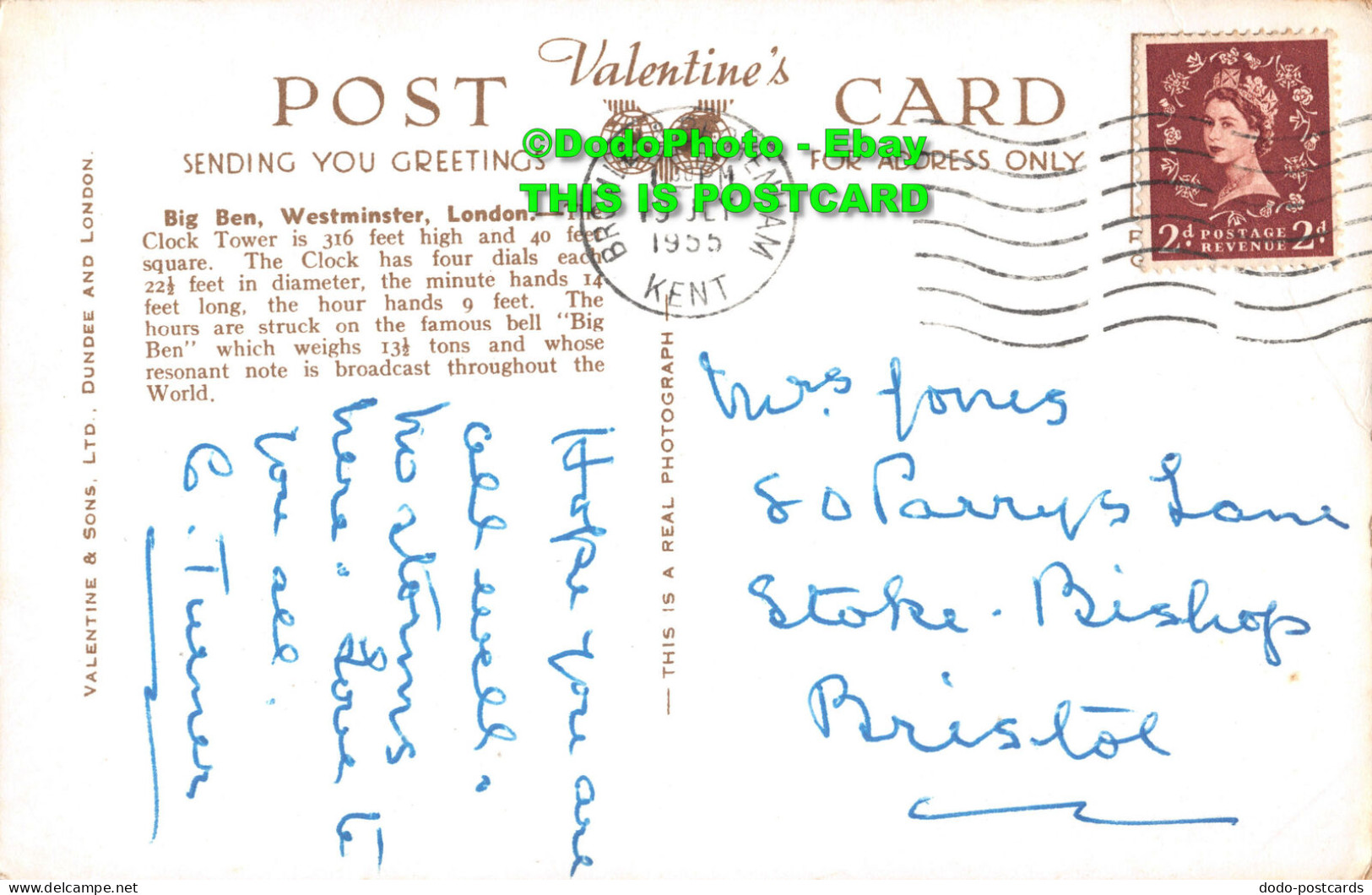 R450595 London. Westminster. Big Ben. Valentine. RP. 1955 - Other & Unclassified