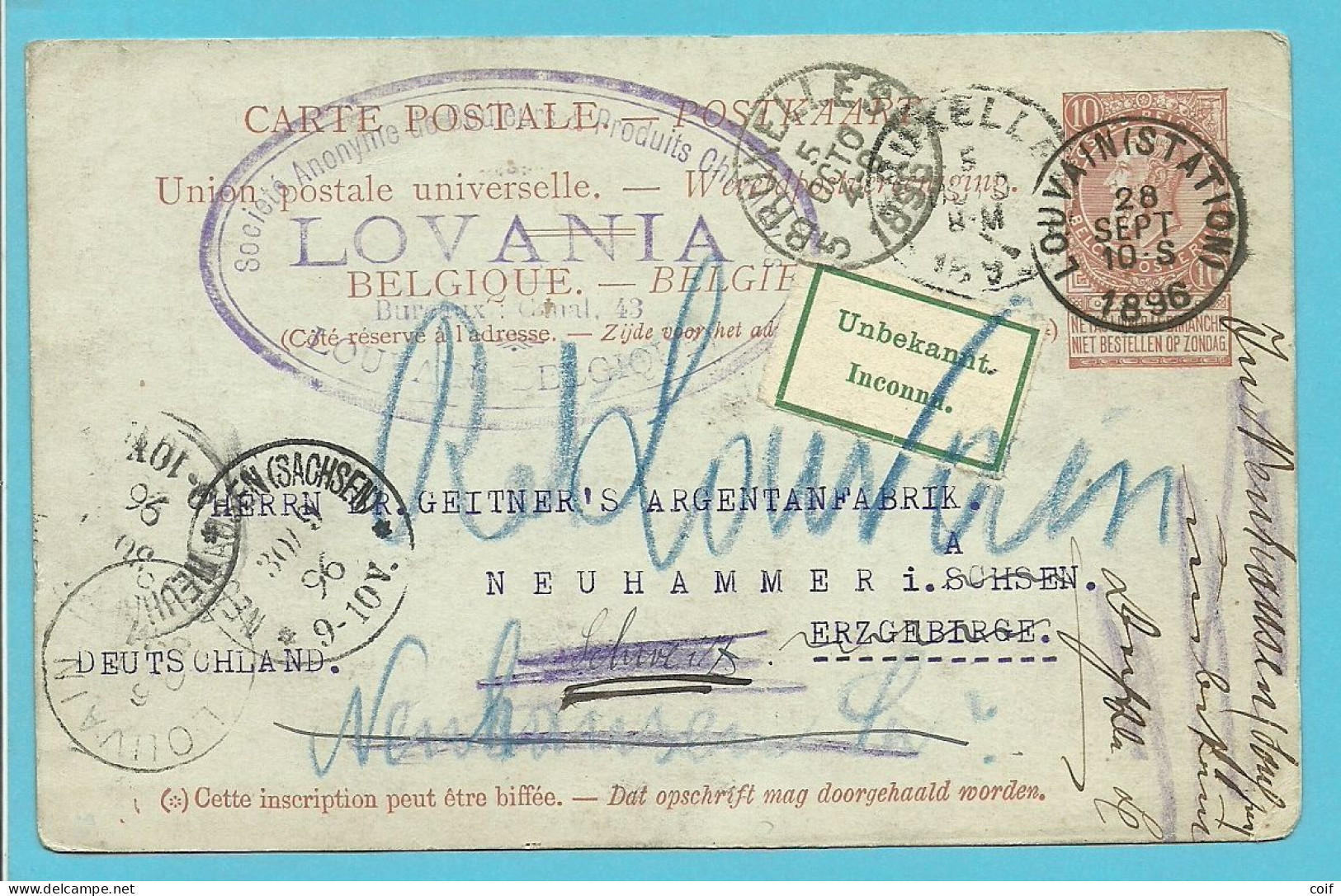 Entier Stempel LOUVAIN (STATION) Naar NEUHAMMER (Duitsland), Strookje UNBEKANNT / INCONNU - 1893-1900 Fijne Baard