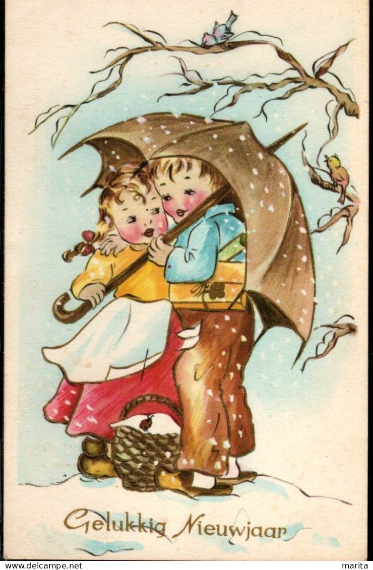 2 Enfants Dans La Neige  -childs - Kinder -2 Kindjes Met Paraplu - Nouvel An
