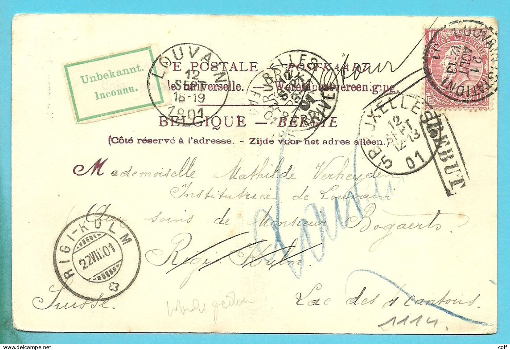 58 Op Kaart Stempel LOUVAIN (STATION) Naar RIGI-KULM (Suisse), Strookje UNBEKANNT / INCONNU - 1893-1900 Fijne Baard