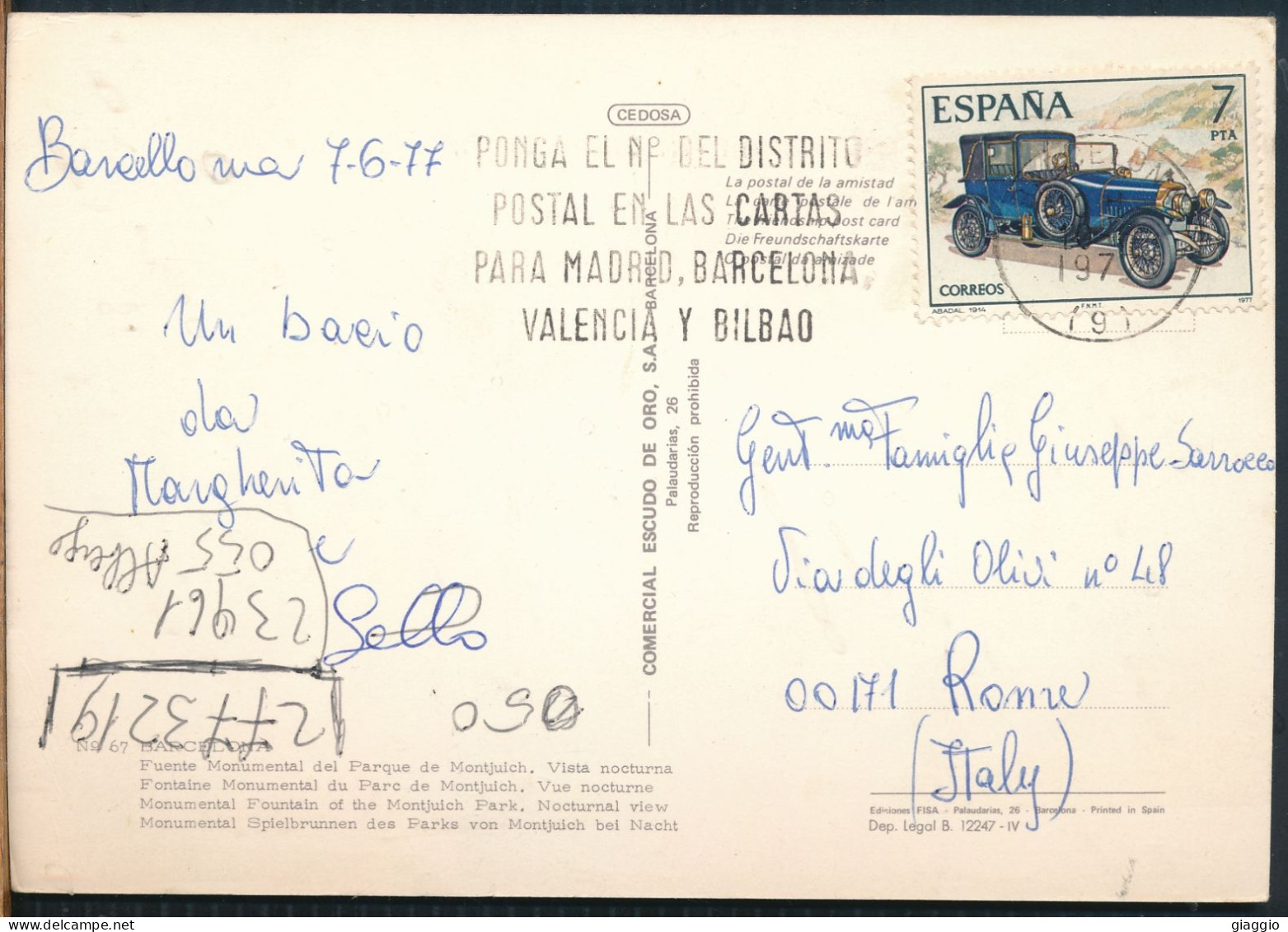 °°° 31028 - SPAIN - BARCELONA - FUENTE MONUMENTAL DEL PARQUE DE MONTJUICH - 1977 With Stamps °°° - Barcelona