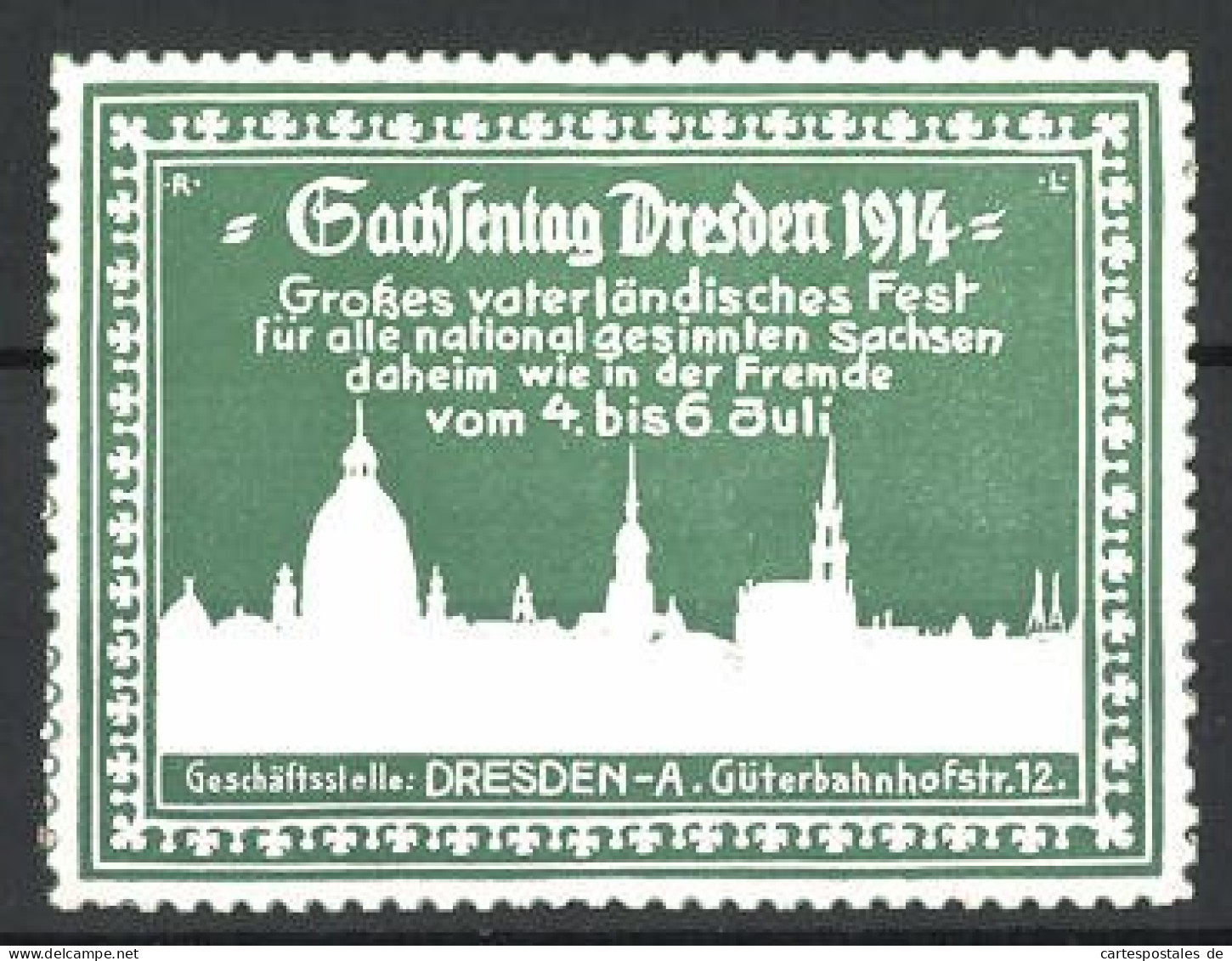 Präge-Reklamemarke Dresden, Sachsentag 1914, Stadtsilhouette  - Erinnophilie