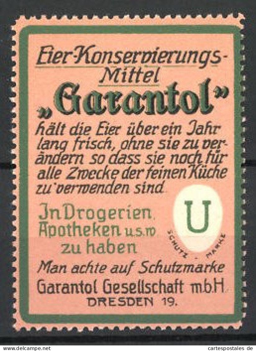 Reklamemarke Garantol Eier-Konservierungsmittel, Garantol Gesellschaft MbH, Dresden, Firmenlogo  - Vignetten (Erinnophilie)