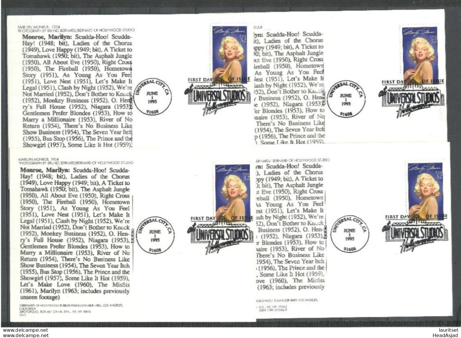 USA 1995 Actress Movie Star Marilyn Monroe , 4 Post Cards With Stamp & Special Cancel. First Day Issue - Acteurs