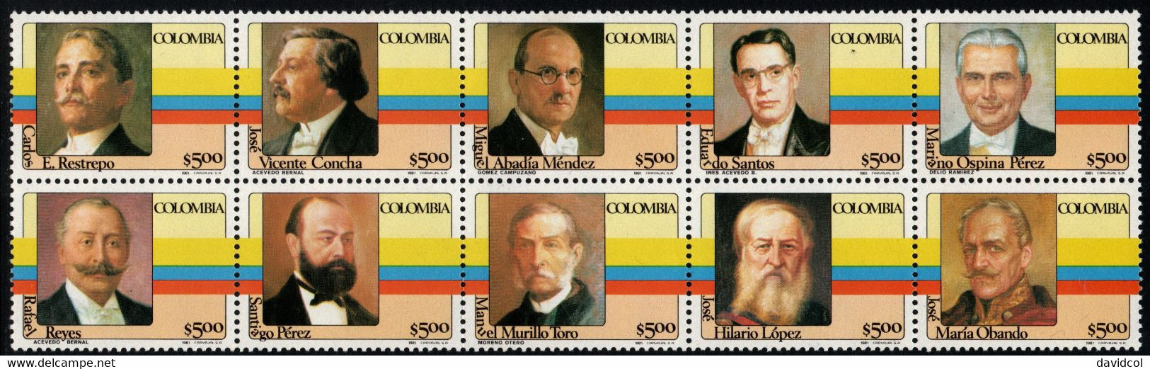 06- KOLUMBIEN - 1981- MI#:1475-1484- MNH- COLOMBIAN PRESIDENTS 1ST ISSUE - Kolumbien