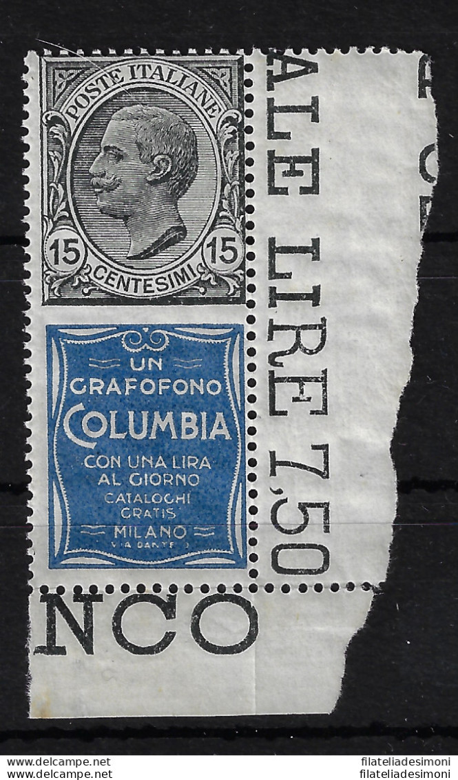 1924 Italia Regno, Pubblicitario N. 2, 15 Cent Columbia Grigio Oltremare - MNH** - Pubblicitari