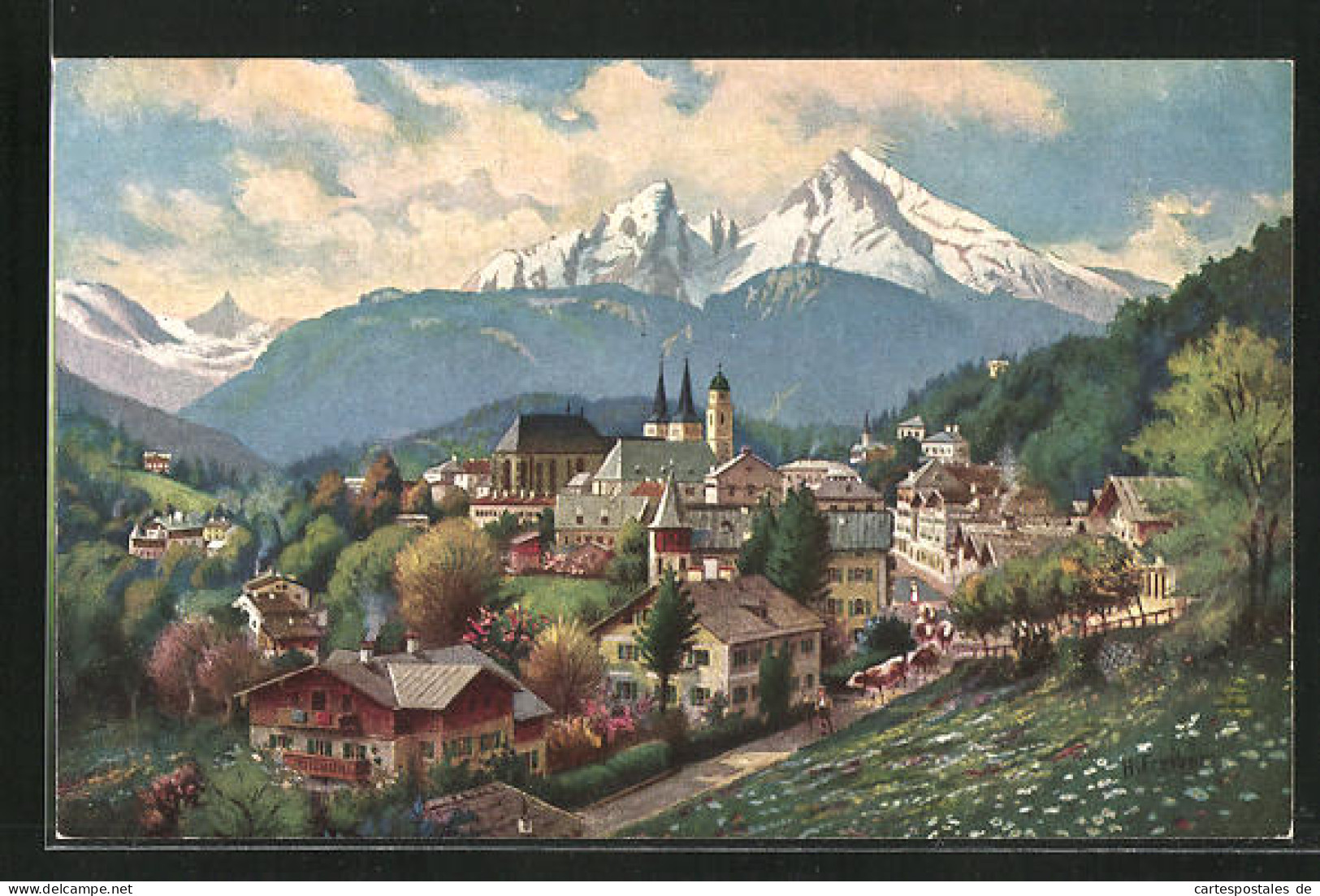 Künstler-AK Berchtesgaden, Stadtansicht Mit Gebirgspanorama  - Berchtesgaden
