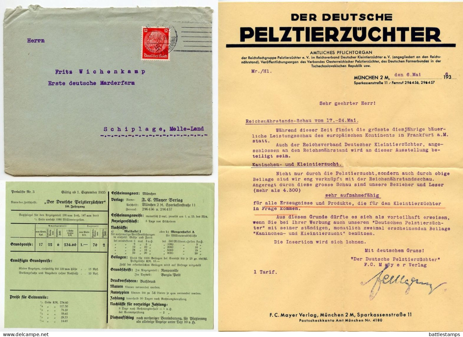 Germany 1936 Cover & Letters; München (Munich) - “Der Deutsche Pelztierzüchter” To Schiplage; 12pf. Hindenburg - Covers & Documents