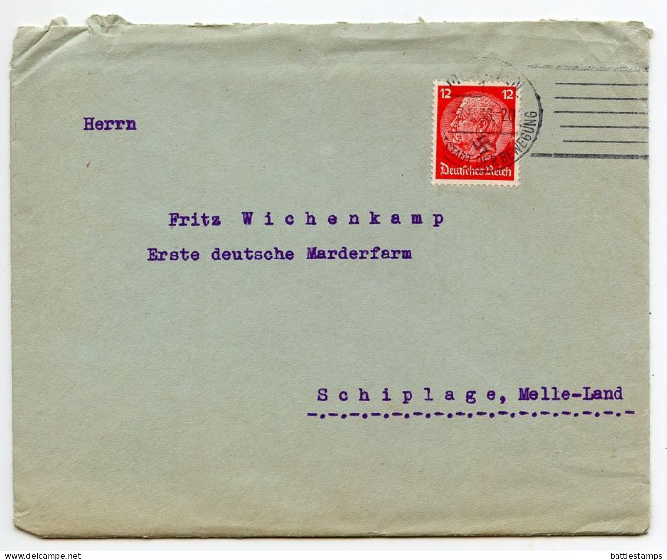 Germany 1936 Cover & Letters; München (Munich) - “Der Deutsche Pelztierzüchter” To Schiplage; 12pf. Hindenburg - Lettres & Documents