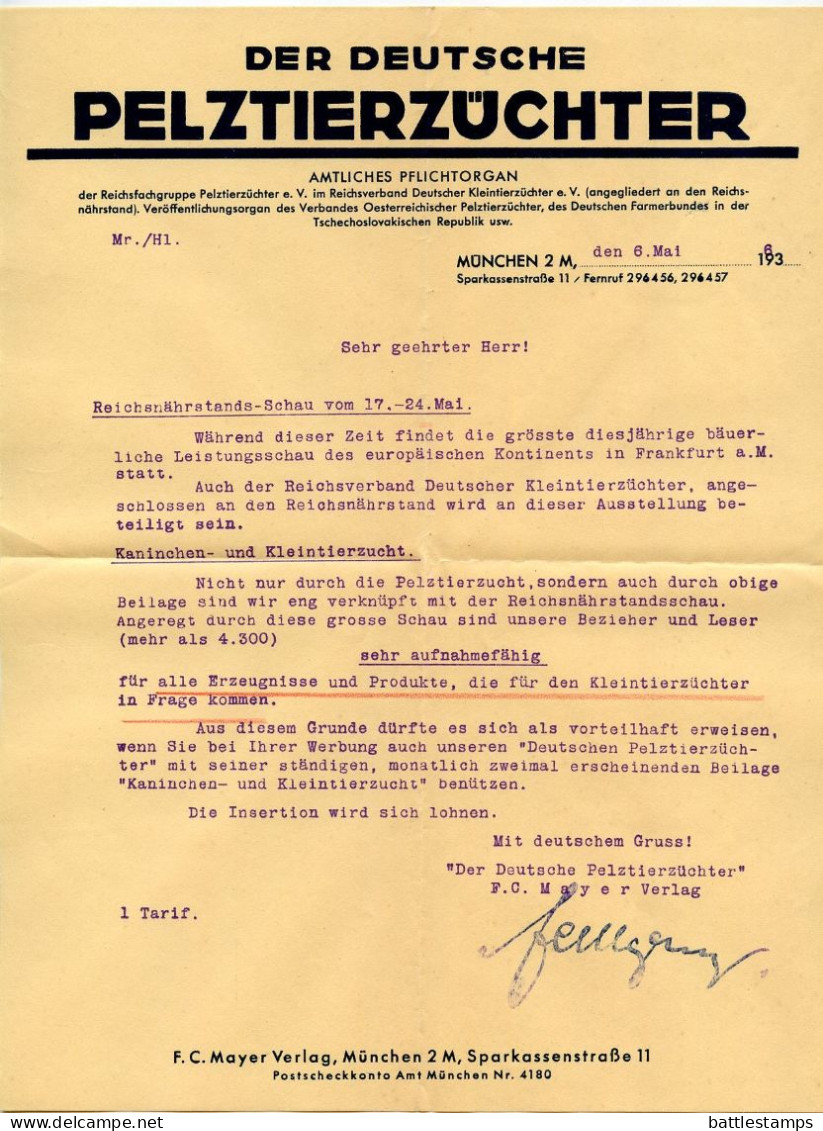 Germany 1936 Cover & Letters; München (Munich) - “Der Deutsche Pelztierzüchter” To Schiplage; 12pf. Hindenburg - Briefe U. Dokumente