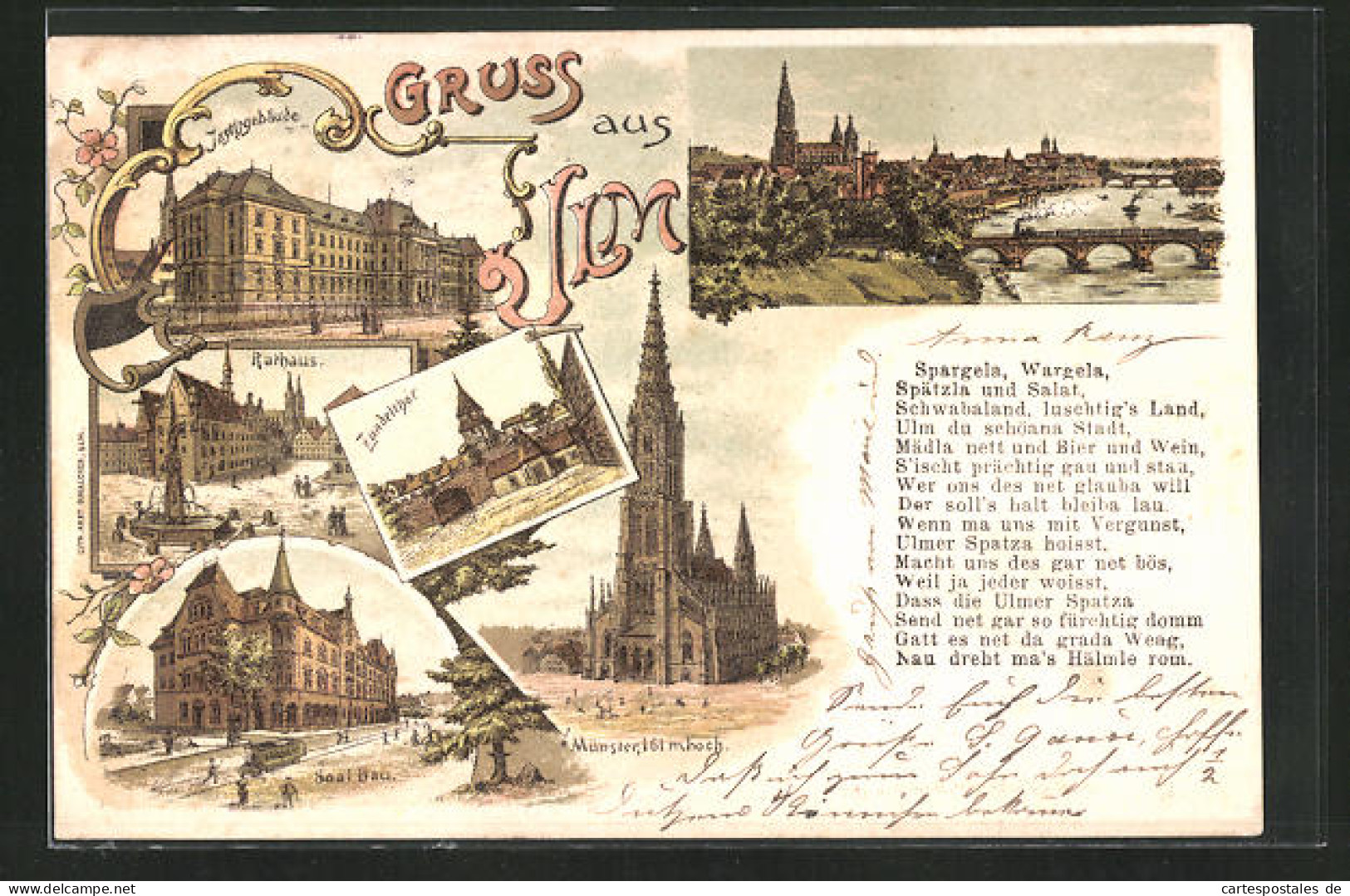 Lithographie Ulm / Donau, Zundelthor, Justizgebäude, Rathaus, Saalbau  - Ulm