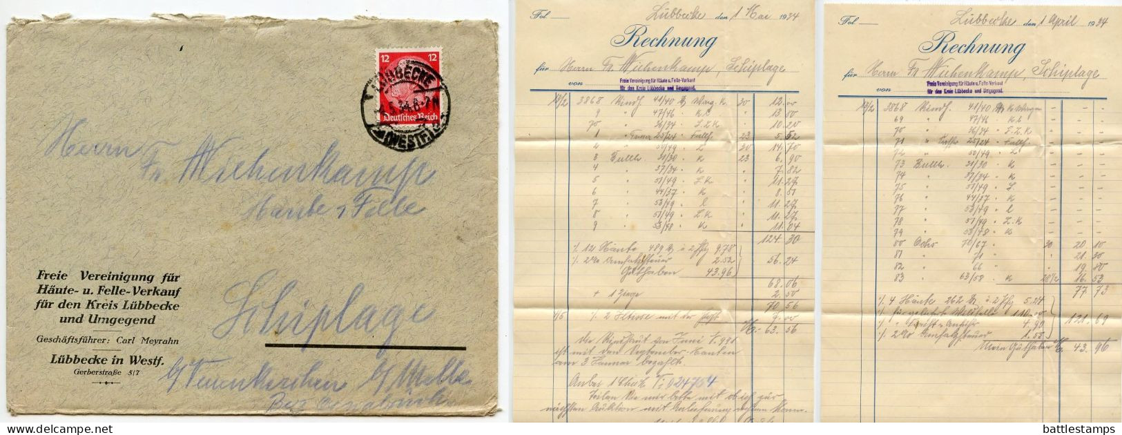 Germany 1934 Cover & Invoices; Lübbecke - Freie Vereinigung Für Häute- U. Felle-Verkauf To Schiplage; 12pf. Hindenburg - Lettres & Documents