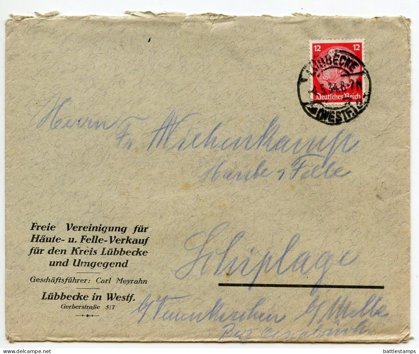 Germany 1934 Cover & Invoices; Lübbecke - Freie Vereinigung Für Häute- U. Felle-Verkauf To Schiplage; 12pf. Hindenburg - Briefe U. Dokumente