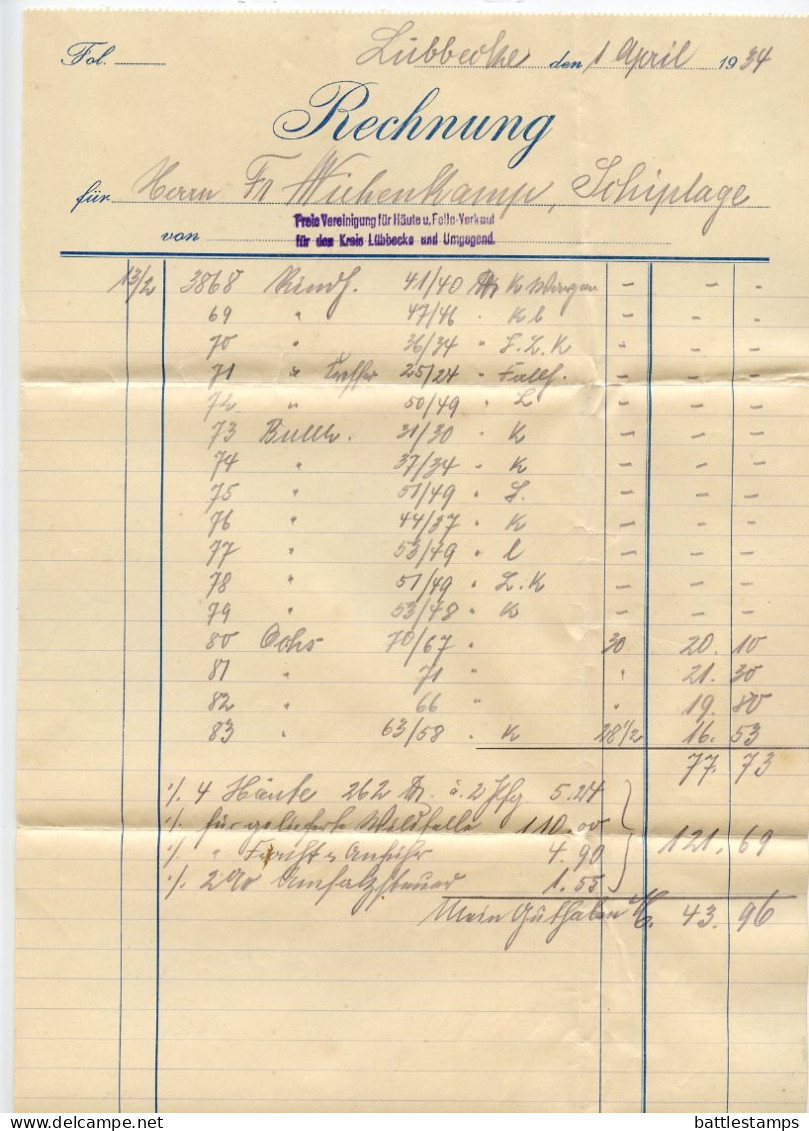 Germany 1934 Cover & Invoices; Lübbecke - Freie Vereinigung Für Häute- U. Felle-Verkauf To Schiplage; 12pf. Hindenburg - Briefe U. Dokumente